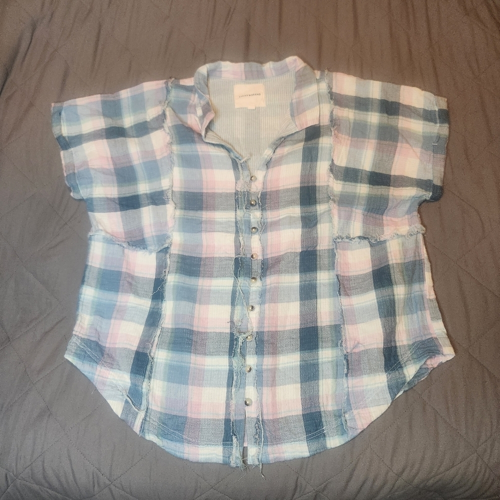 Lucky Brand Patchwork Plaid Distressed Sleeveless Flannel Shirt Size XL 79 MSRP - Picture 2 of 9